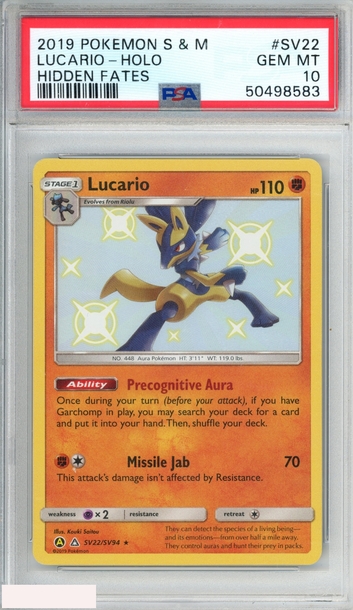 2019 POKEMON SUN AND MOON HIDDEN FATES LUCARIO-HOLO #SV22 PSA 10 GEM MT