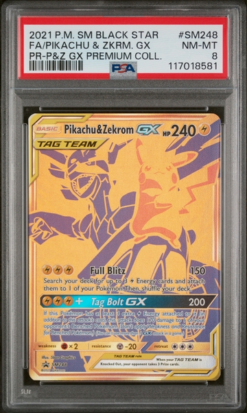 2021 SM Black Star #SM248 Pikachu & Zekrom PR-P&Z GX Premium Coll. PSA 8