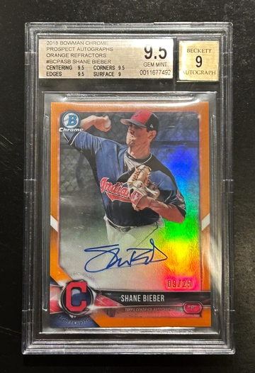 2018 Bowman Chrome Prospects Shane Bieber RC Orange Refractor Auto /25 BGS 9.5