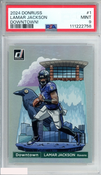 2024 PANINI DONRUSS DOWNTOWN! LAMAR JACKSON #1 RAVENS PSA 9 MINT