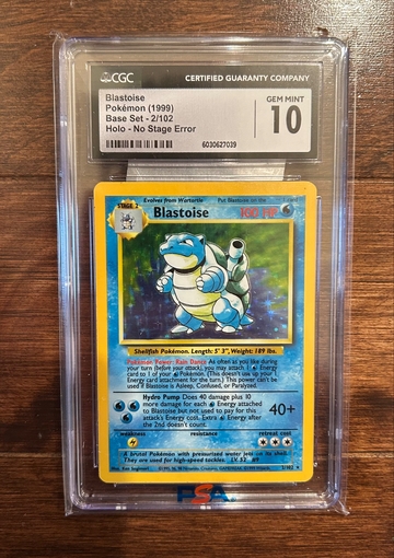 CGC 10 GEM MINT No Stage Error Blastoise 1999 Base Set 2/102 Holo Pokemon Card
