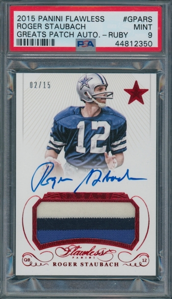 2015 Panini Flawless Greats Patch Autographs Ruby Roger Staubach Auto Game-Used PSA 9