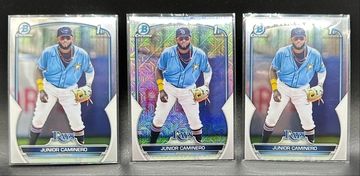 (3) Lot Junior Caminero 2023 Bowman Chrome Prospects 1st Mega Box Mojo Refractor BCP-61 2 Base 1st Tampa Bay Rays 