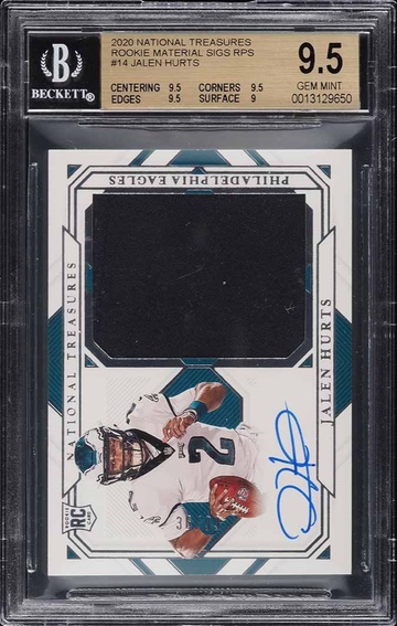 2020 NATIONAL TREASURES JALEN HURTS ROOKIE PATCH AUTO /99 #14 BGS 9.5 GEM MINT