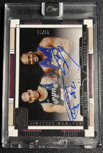 2023/24 Panini One Tim Duncan Shaquille O'Neal #09/10 Timeless Moments Dual Auto Lakers Spurs