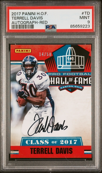 2017 Panini H.O.F. Terrell Davis Autograph Red numbered 14/50 PSA 9, POP 1!