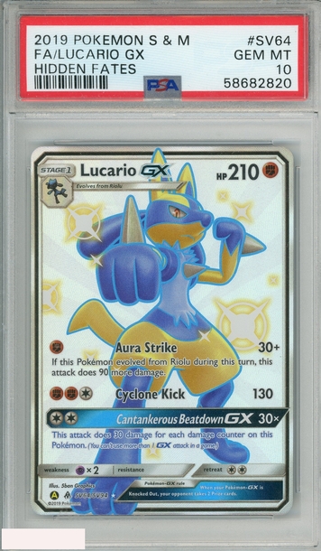 2019 POKEMON SUN AND MOON HIDDEN FATES FA LUCARIO GX #SV64 PSA 10 GEM MT