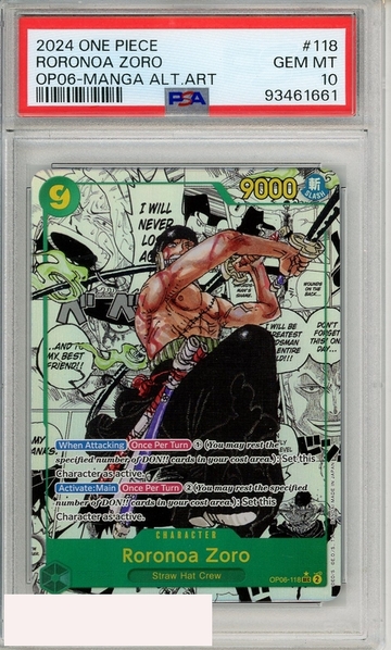 2024 ONE PIECE OP06-WGS CAPT RORONOA ZORO #118 MANGA ALT ART PSA 10
