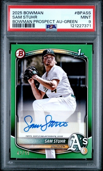 2025 Bowman Prospect Autographs Sam Stuhr Green Color Match PSA 9 /99 POP 1