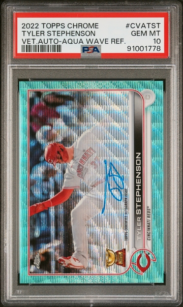 2022 Topps Chrome Veteran Autographs Aqua Wave Tyler Stephenson /199 PSA 10