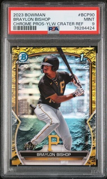 2023 Bowman Braylon Bishop Yellow Lunar Crater Refractor /75 #BCP90 PSA 9 MINT