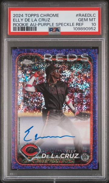 2024 TOPPS CHROME ROOKIE AUTOGRAPHS #RAEDLC ELLY DE LA CRUZ ROOKIE AUTO PURPLE SPECKLE REFRACTOR /299 PSA 10
