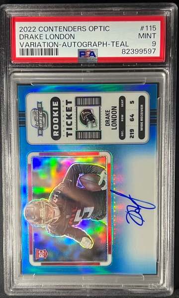 2022 Drake London Optic Teal Prizm Rookie Ticket Variation On Crd Auto /30 PSA 9