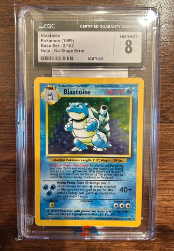 CGC 8 NM/Mint No Stage Error Blastoise 1999 Base Set 2/102 Holo Pokemon Card