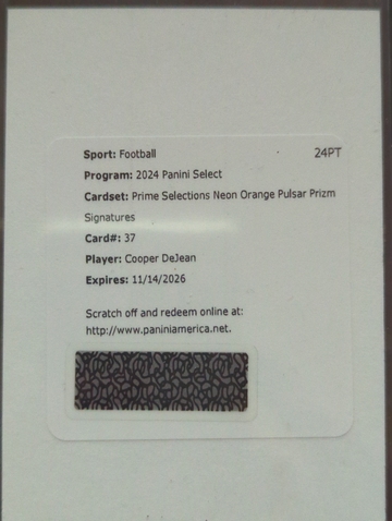 2024 Select Cooper DeJean Prime Selections Neon Orange Pulsar /35