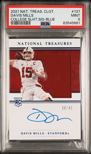 2021 Panini National Treasures Blue Davis Mills #137 RC Auto /49 PSA 9