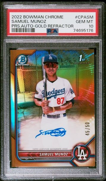  2022 Bowman Chrome SAMUEL MUNOZ Gold Refractor 1st Rookie AUTO /50 PSA 10 Gem Mint