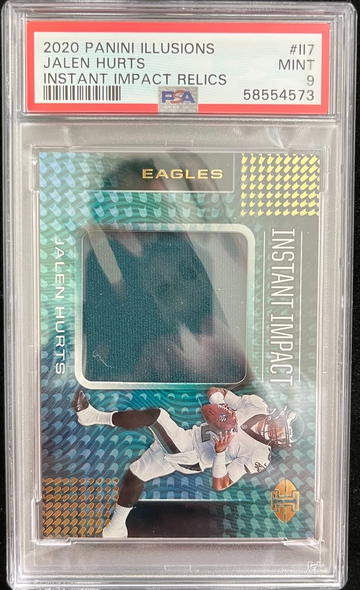 2020 Illusions Jalen Hurts INSTANT IMPACT Jersey Patch Relic RC #117 PSA 9 Mint