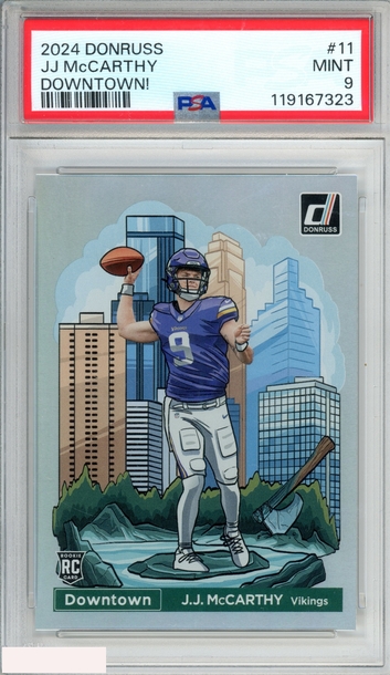 2024 PANINI DONRUSS DOWNTOWN! JJ MCCARTHY #11 ROOKIE RC VIKINGS PSA 9 MINT