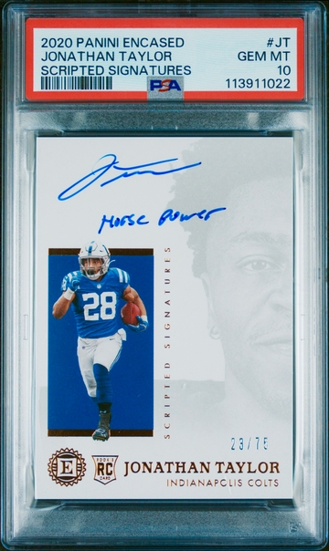 2020 Jonathan Taylor Panini Encased Scripted Signatures Rookie Auto /75 PSA 10 Autograph RC Bronze SP