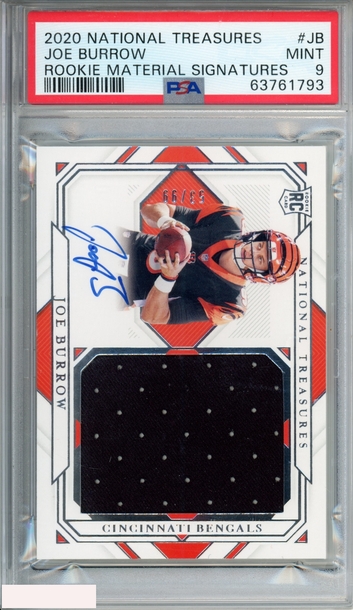 2020 NATIONAL TREASURES JOE BURROW #JB ROOKIE MATERIAL SIGNATURE OF 99 RC PSA 9