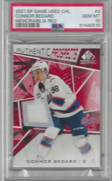 Connor Bedard 2021 UD SP #2 FIRST YEAR ROOKIE GAME USED MATERIAL PSA 10 GEM MINT CHL