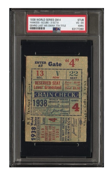 1938 NYY-8,CHC-3 OCT.9/YANKEES 7TH WORLD SERIES GM.4-STUB WS TITLE/LOU GEHRIG LAST WS GAME 