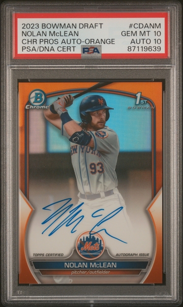 2023 Bowman Draft 1st Orange refractor auto Nolan McLean /25 PSA 10/10 Pop 1