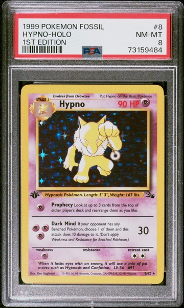 1999 Pokémon Fossil Hypno #8 Holo 1st Edition PSA 8
