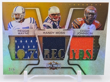 2008 Topps Triple Threads Randy Moss Reggie Wayne Chad Johnson Triple Relic Combo #/6