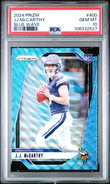 JJ McCarthy 2024 Panini Prizm Blue Wave Rookie Card RC /230 PSA 10 Gem Mint