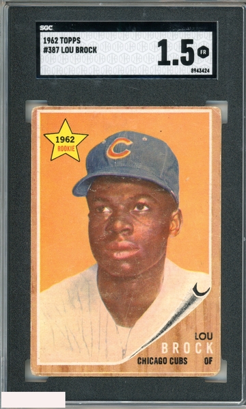 1962 TOPPS LOU BROCK #387 ROOKIE RC CHICAGO CUBS HOF SGC 1.5 FR