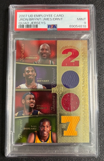 2007/08 UD Employee Michael Jordan Kobe Bryant Lebron James Kevin Durant Quad Jersey PSA 9