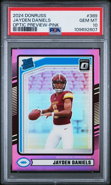 JAYDEN DANIELS OPTIC PREVIEW PINK HOLO ROOKIE 389 PSA 10 GEM MINT RC