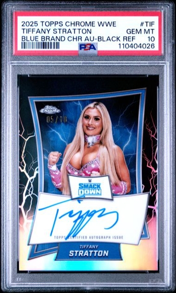 2025 Topps Chrome WWE Tiffany Stratton Auto Black Refractor PSA 10