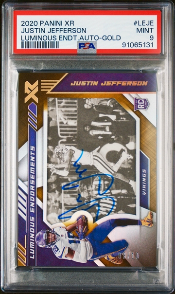 2020 Justin Jefferson Panini XR Luminous Endorsements Gold Rookie Auto 8/10 PSA 9 RC SP On Card Autograph