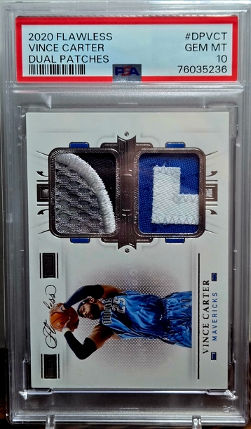2020 Panini Flawless Vince Carter Dual Patches Game Used 4 Color PSA 10 Gem Mint /20 GU
