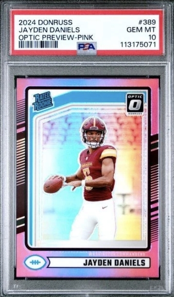 JAYDEN DANIELS 2024 DONRUSS OPTIC PREVIEW PINK PRIZM RC #389 PSA 10