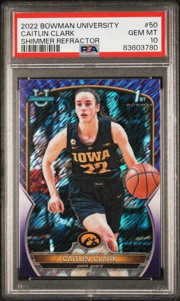 2022 Bowman Chrome U Caitlin Clark 1st Purple Shimmer Rookie Refractor PSA 10
