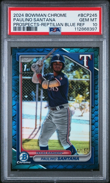  PAULINO SANTANA 2024 Bowman Chrome #BCP245 Reptilian Blue Refractor /150 PSA 10 Gem Mint