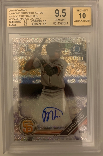 2019 Bowman Chrome Marco Luciano Prospect Auto # 298/299 Speckle Refractor BGS 9.5 / 10 Auto True Gem Mint
