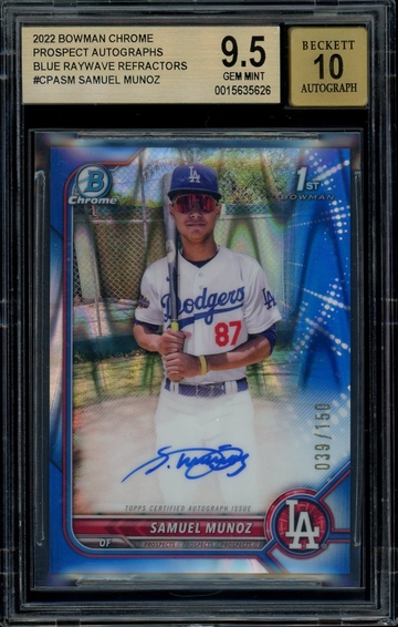  2022 Bowman Chrome SAMUEL MUNOZ Blue RayWave Refractor 1st AUTO /150 BGS 9.5/10