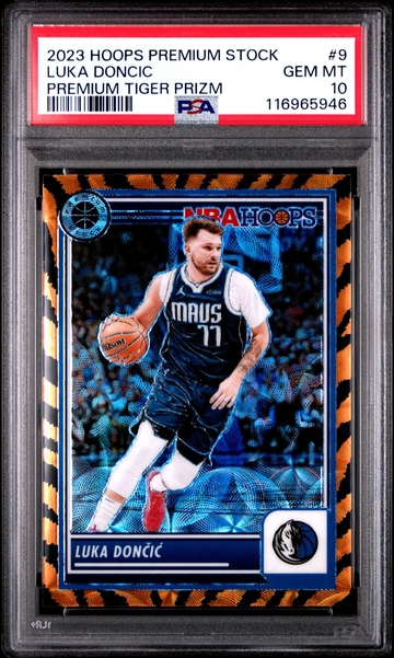 2023-24 Hoops Premium Stock Luka Doncic #9 Tiger Prizm PSA 10