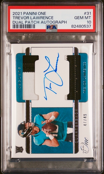 2021 Trevor Lawrence Panini One Rookie Patch Auto Dual RPA /49 PSA 10 Autograph RC SP #31