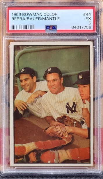 MICKEY MANTLE YOGI BERRA HANK BAUER 1953 Bowman Color #44 PSA 5 EX *BEAUTY!!* NEW YORK YANKEES HOF