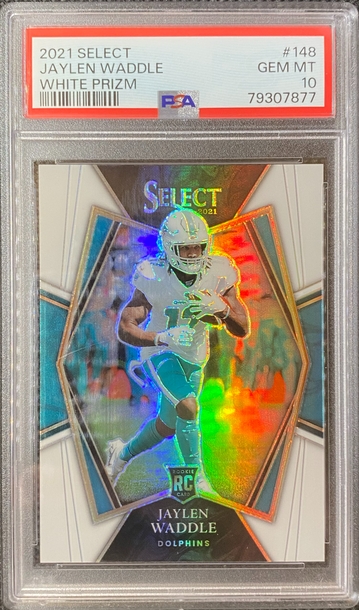 2021 Panini Select - #148 Jaylen Waddle Premier Lvl White Prizm RC /35 PSA 10