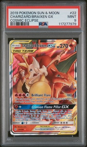 2019 Sun & Moon #22/236 Charizard/Braixen GX Cosmic Eclipse PSA 9