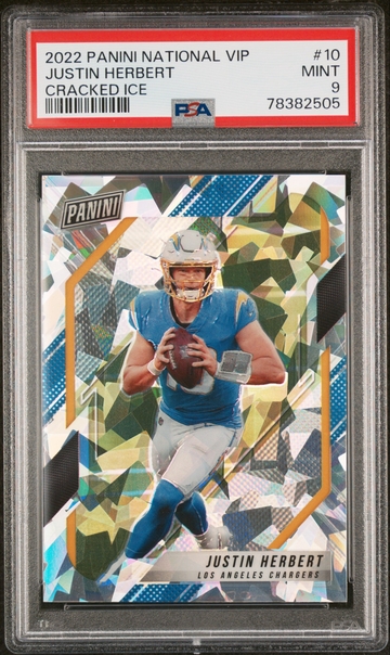 2022 PANINI NATIONAL VIP CRACKED ICE PRIZM #10 JUSTIN HERBERT #12/99 PSA 9