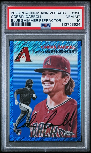 2023 PLATINUM ANNIVERSARY CORBIN CARROLL #350 BLUE SHIMMER /100 ROOKIE RC PSA 10
