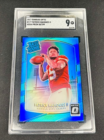 2017 Patrick Mahomes Panini Donruss Optic Aqua Prizm Rated Rookie /299 SGC 9 #177 SP RC Light Blue